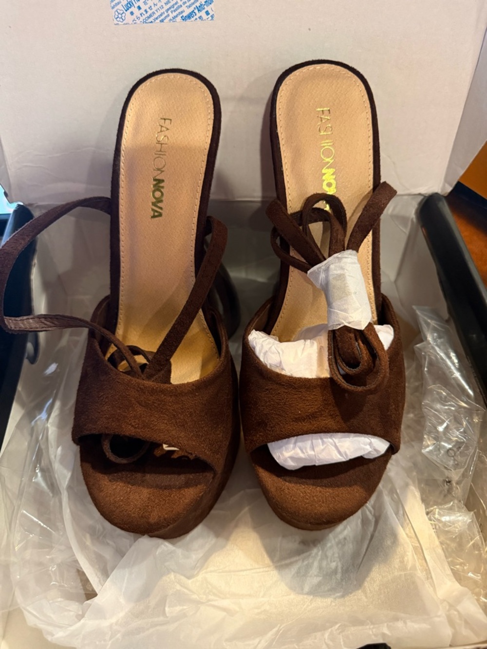 Fashion Nova Dark Brown Suede Wrap Tie Heeled Sandals